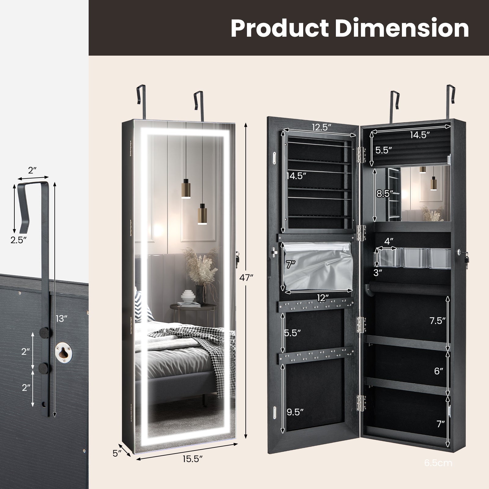 Door Wall Mount Touch Screen Mirrored Jewelry Cabinet-BlackÂ