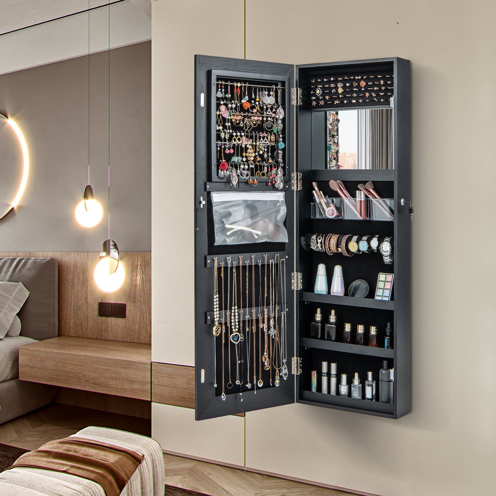 Door Wall Mount Touch Screen Mirrored Jewelry Cabinet-BlackÂ