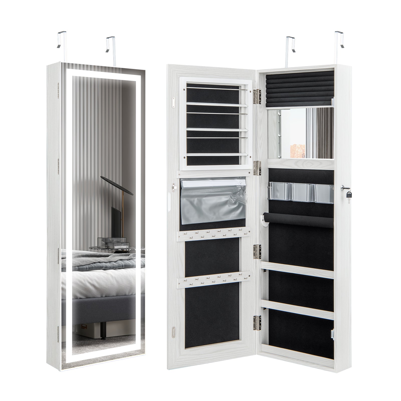 Mirrored Jewelry Armoire with Full Length Mirror and 2 Internal LED Lights-WhiteÂ