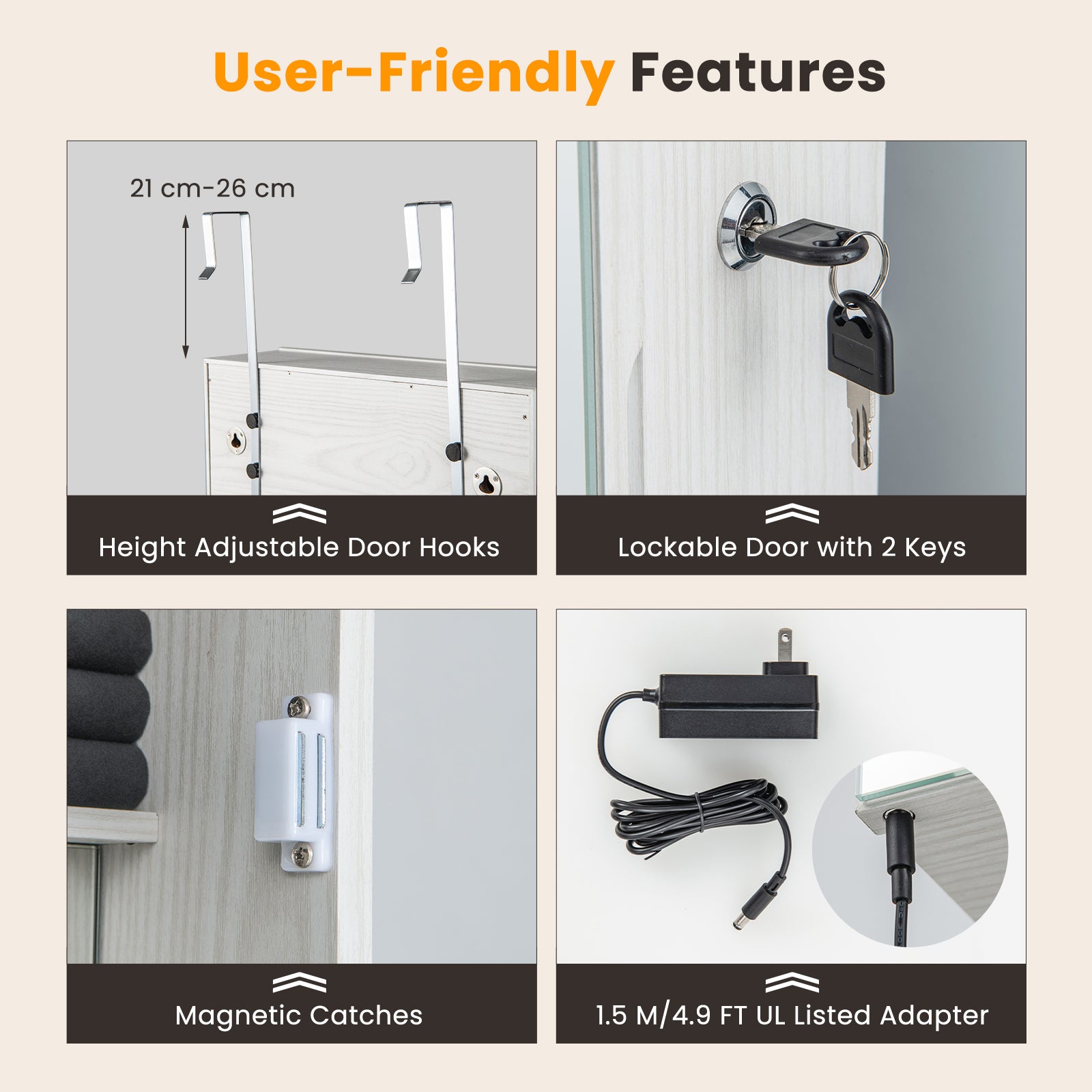 Mirrored Jewelry Armoire with Full Length Mirror and 2 Internal LED Lights-WhiteÂ