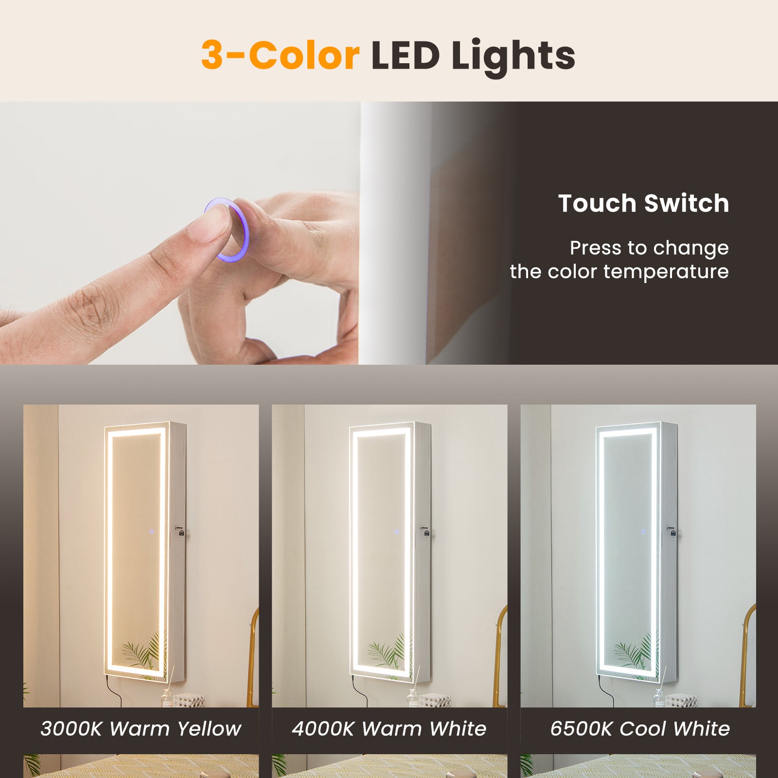 Mirrored Jewelry Armoire with Full Length Mirror and 2 Internal LED Lights-WhiteÂ