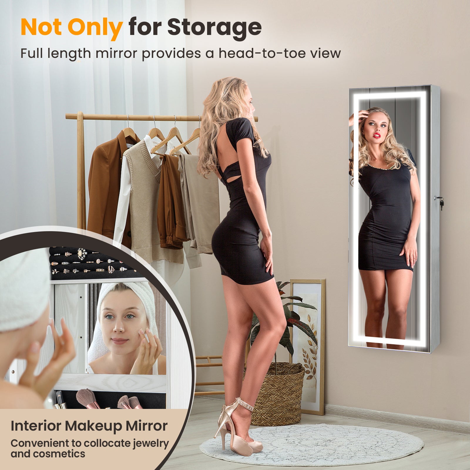 Mirrored Jewelry Armoire with Full Length Mirror and 2 Internal LED Lights-WhiteÂ