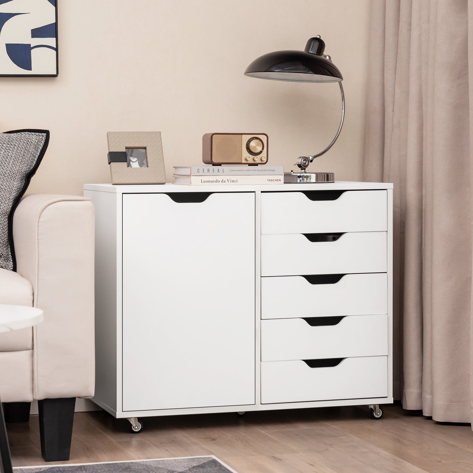 5-Drawer Dresser Chest Mobile Storage Cabinet with Door-White