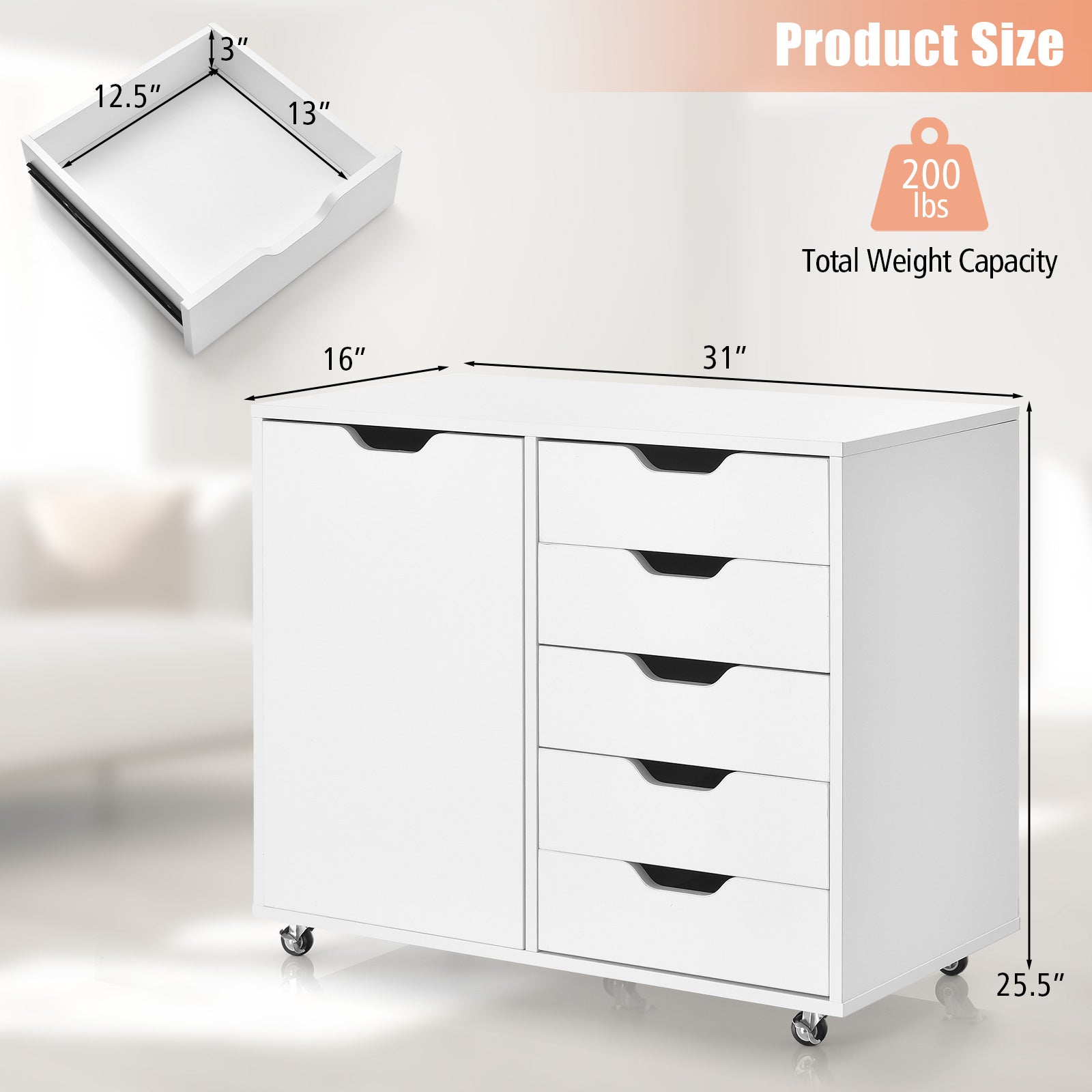 5-Drawer Dresser Chest Mobile Storage Cabinet with Door-White