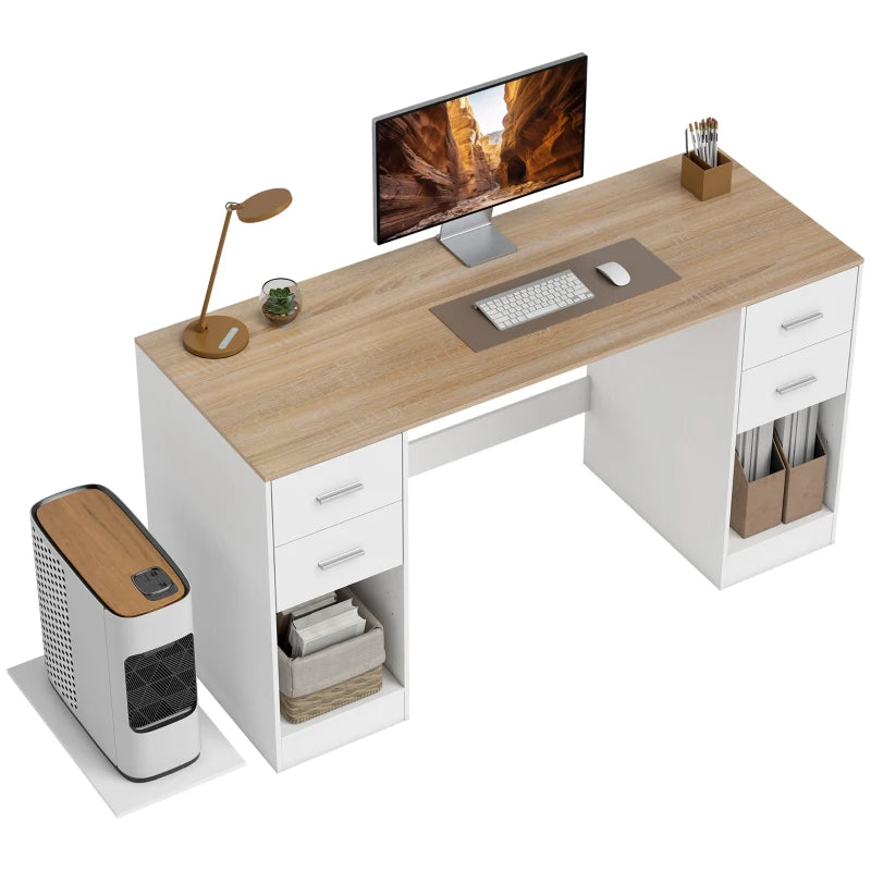 Office Desk, 55" Computer Desk with 4 Reversible Drawers, Mobile PC Stand, Adjustable Shelf, White Wood Grain