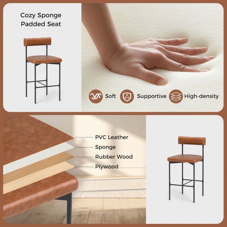 26 Inch Upholstered Bar Stools Set of 2 Counter Height Bar Chairs with Backrest-Brown