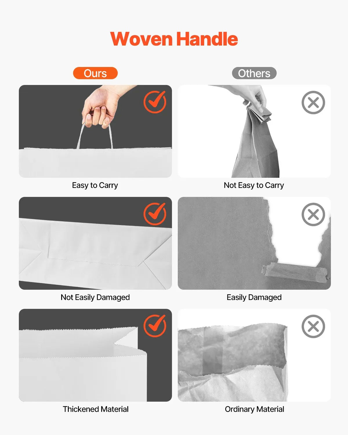 VEVOR Kraft Paper Bags with Handles – 50/100Pcs, 16 x 6 x 12 in, Large Reusable & Recycled Grocery/Party Bags – White, Brown, Black