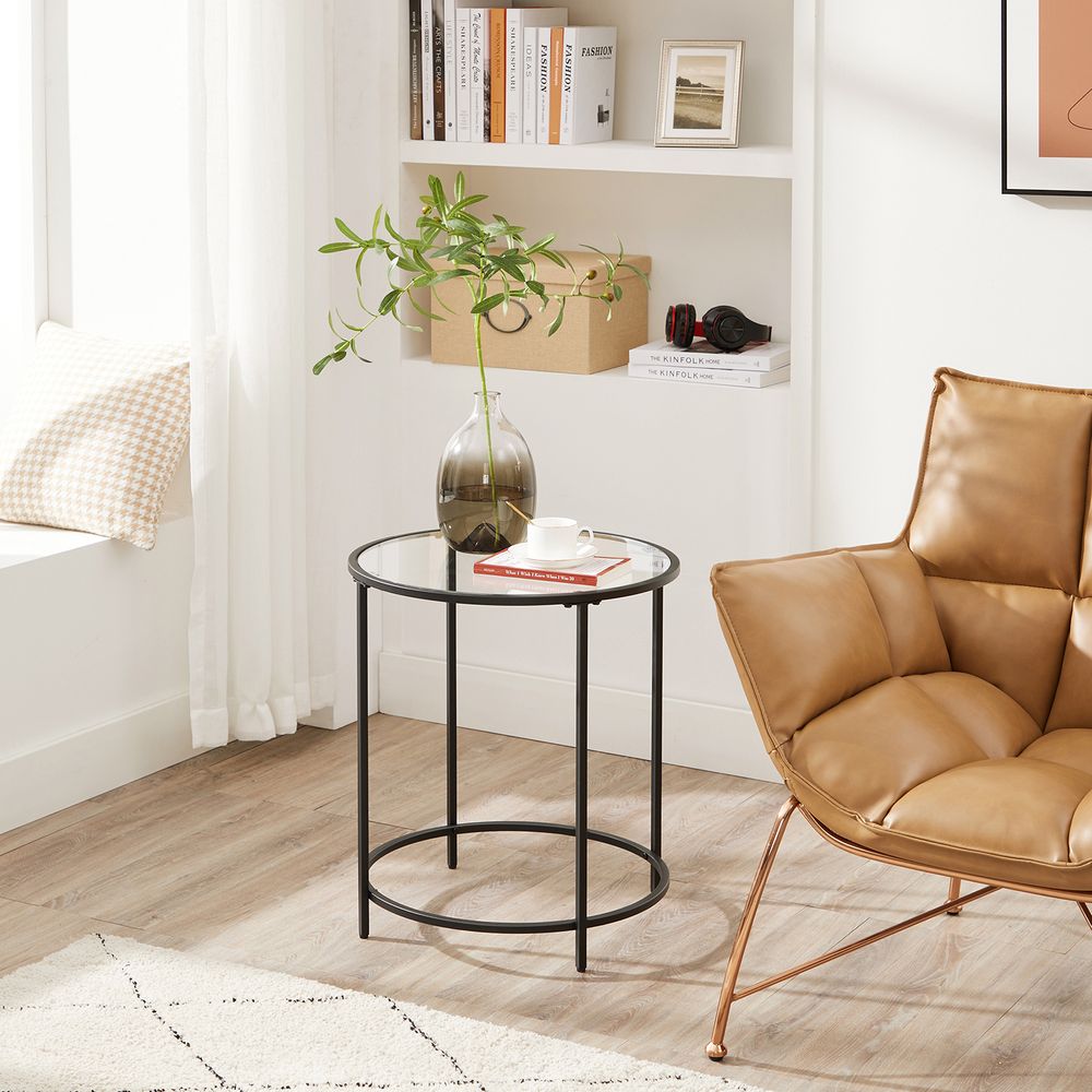 VASAGLE Glass Round Side Table with Metal Frame