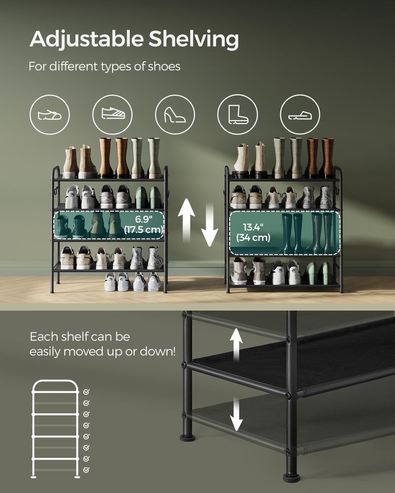 SONGMICS Fabric Shoe Rack with 4 Hooks Ink Black