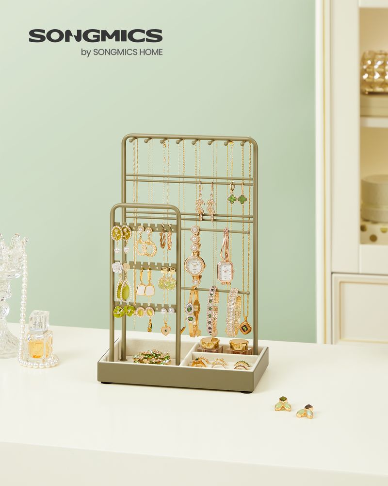 SONGMICS Jewelry Holder with Metal Frame and Velvet Tray