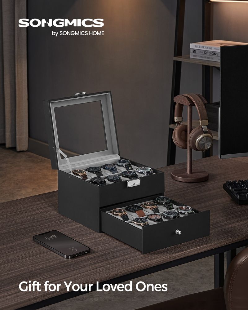 SONGMICS 16 & 20-Slot Watch Box with Glass Lid