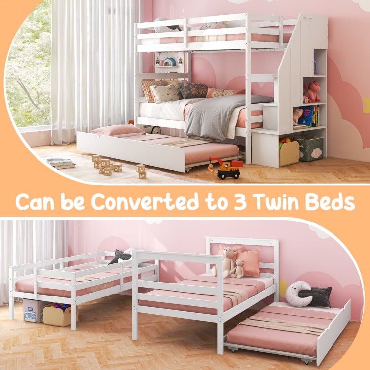 Home Wood Bunk Bed with Guard Rail and 4-step Storage Stairs No Box Spring Needed-White