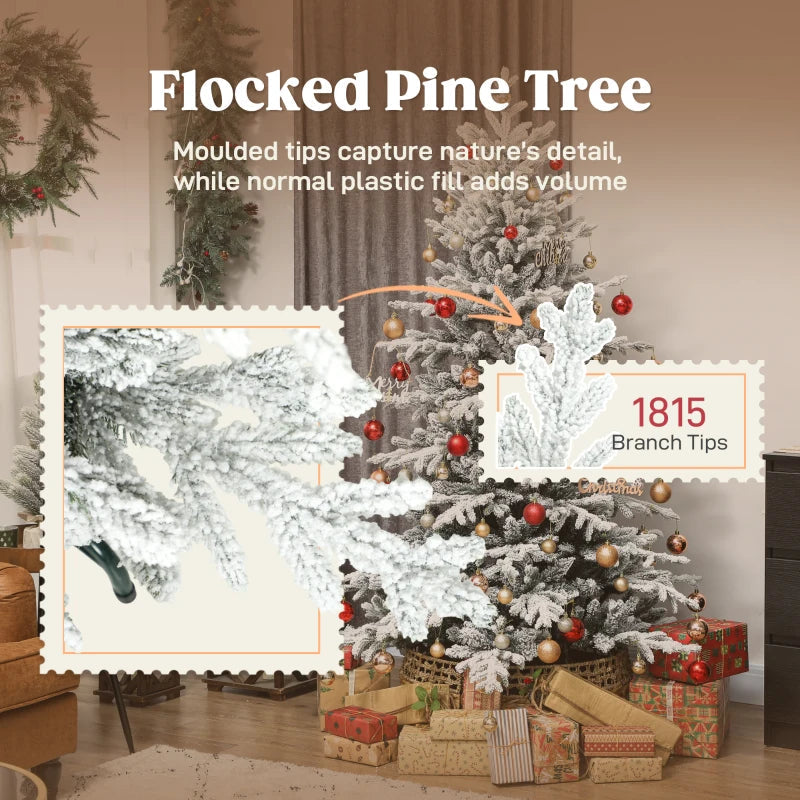 HOMCOM 7FT Artificial Flocked Christmas Tree, Full Snow-Covered Pine Xmas Tree with Realistic Tips, Hinged Branches, and Metal Stand