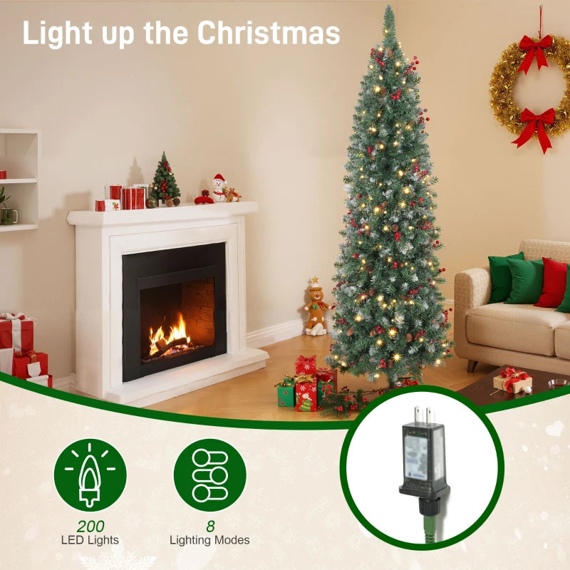 HOMCOM 5FT Prelit Pencil Christmas Tree with LED Lights, Slim Silver Glitter Xmas Tree with Dense Branches & 8 Lighting Modes