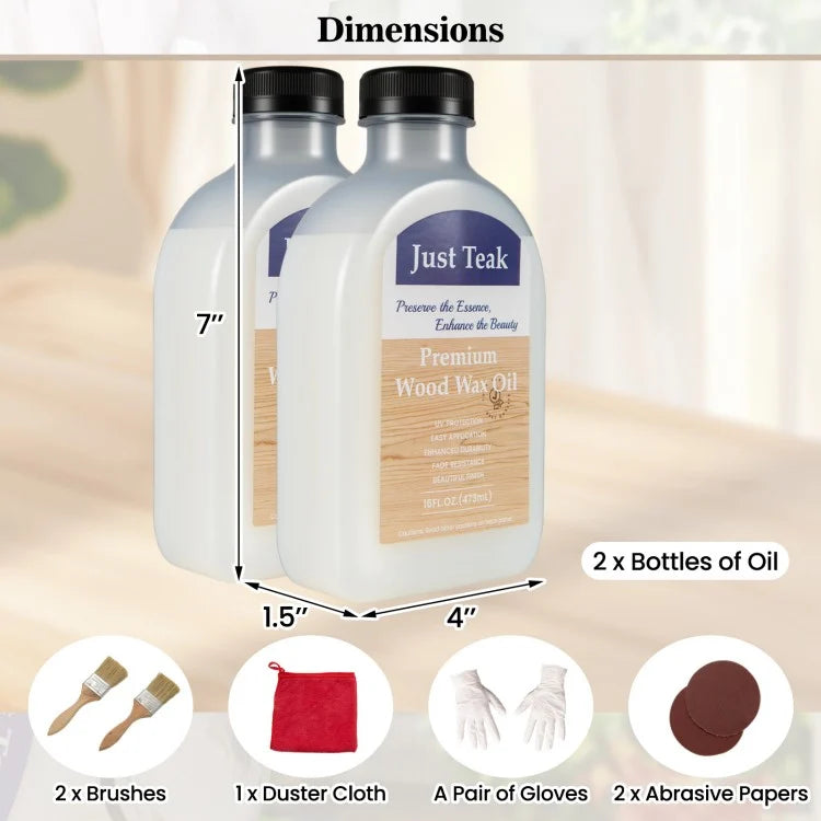 16 oz Wood Oil Cleaner & Brightener Kit, Set of 2, Teak Wood Restorer & Protective Sealer for Indoor and Outdoor Furniture