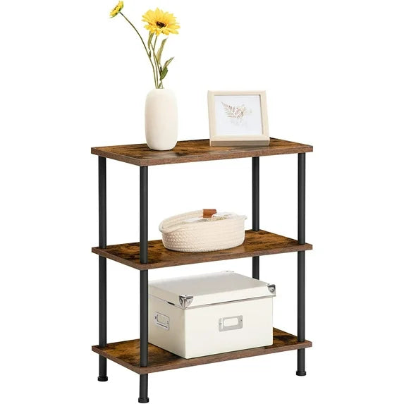 HOOBRO 3-Tier Industrial End Table with Open Shelves, Narrow Nightstand for Bedroom & Living Room, Rustic Brown