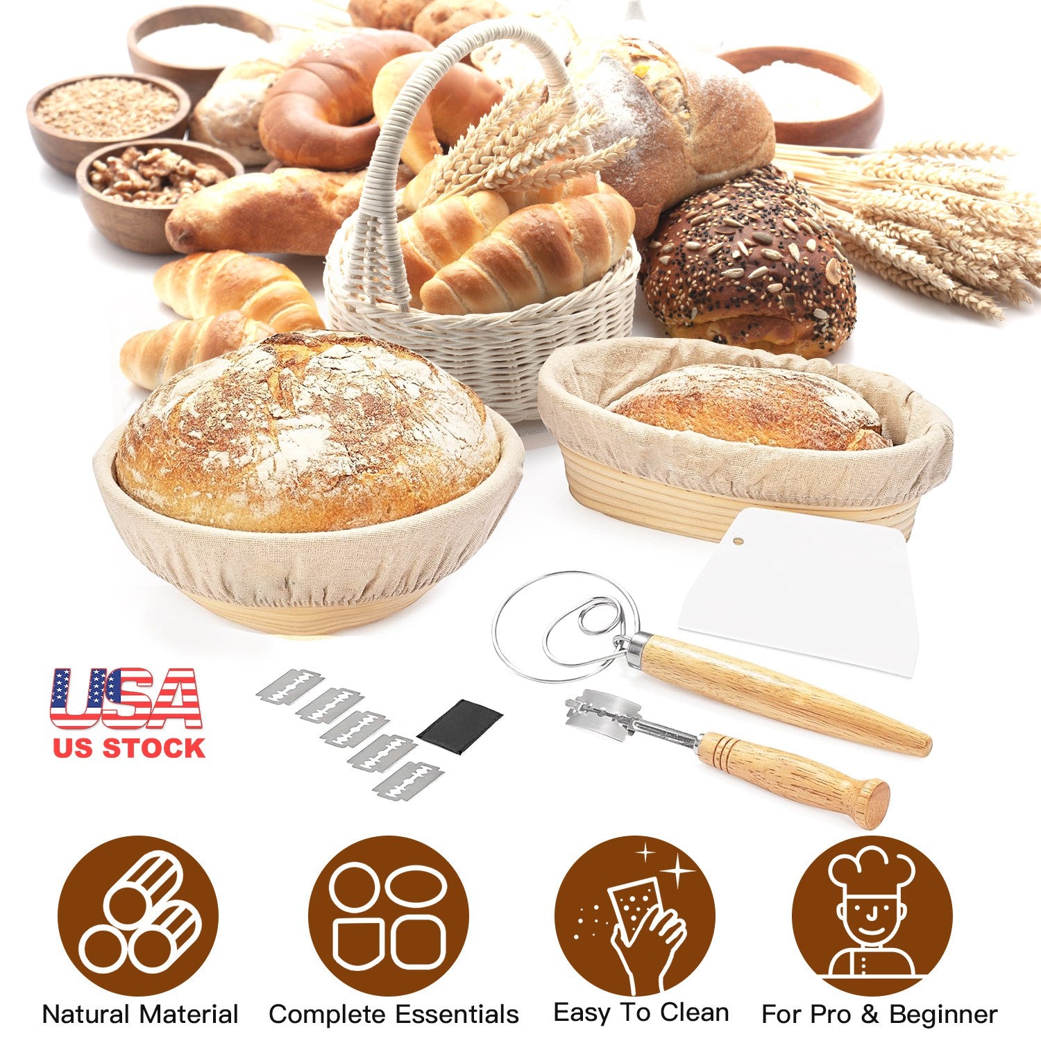 Complete Bread Baking Kit Banneton Proofing Basket Set 9In Round And 10In Oval Basket With Linen Liner Lame Dough Scraper Whisk