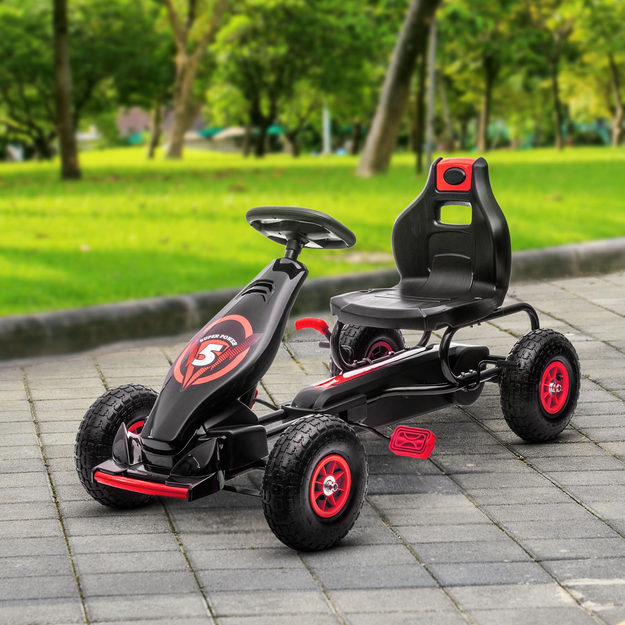 Aosom Kids Pedal Go Kart Ergonomic Adjustable Seat Rubber Wheels Shock Absorb Safety Hand Brake Ages 5-12 Red