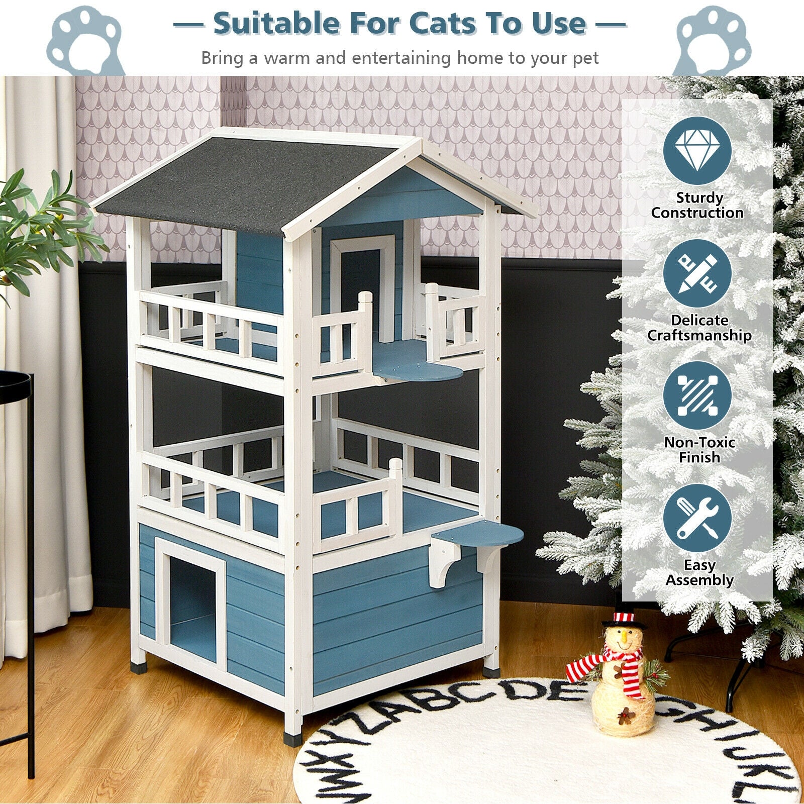 2-Story Outdoor Wooden Catio Cat House Shelter with Enclosure