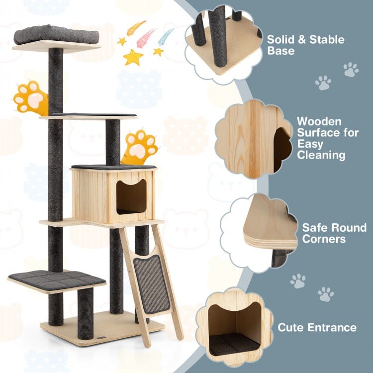 5-Tier Modern Wood Cat Tower with Washable Cushions-Gray