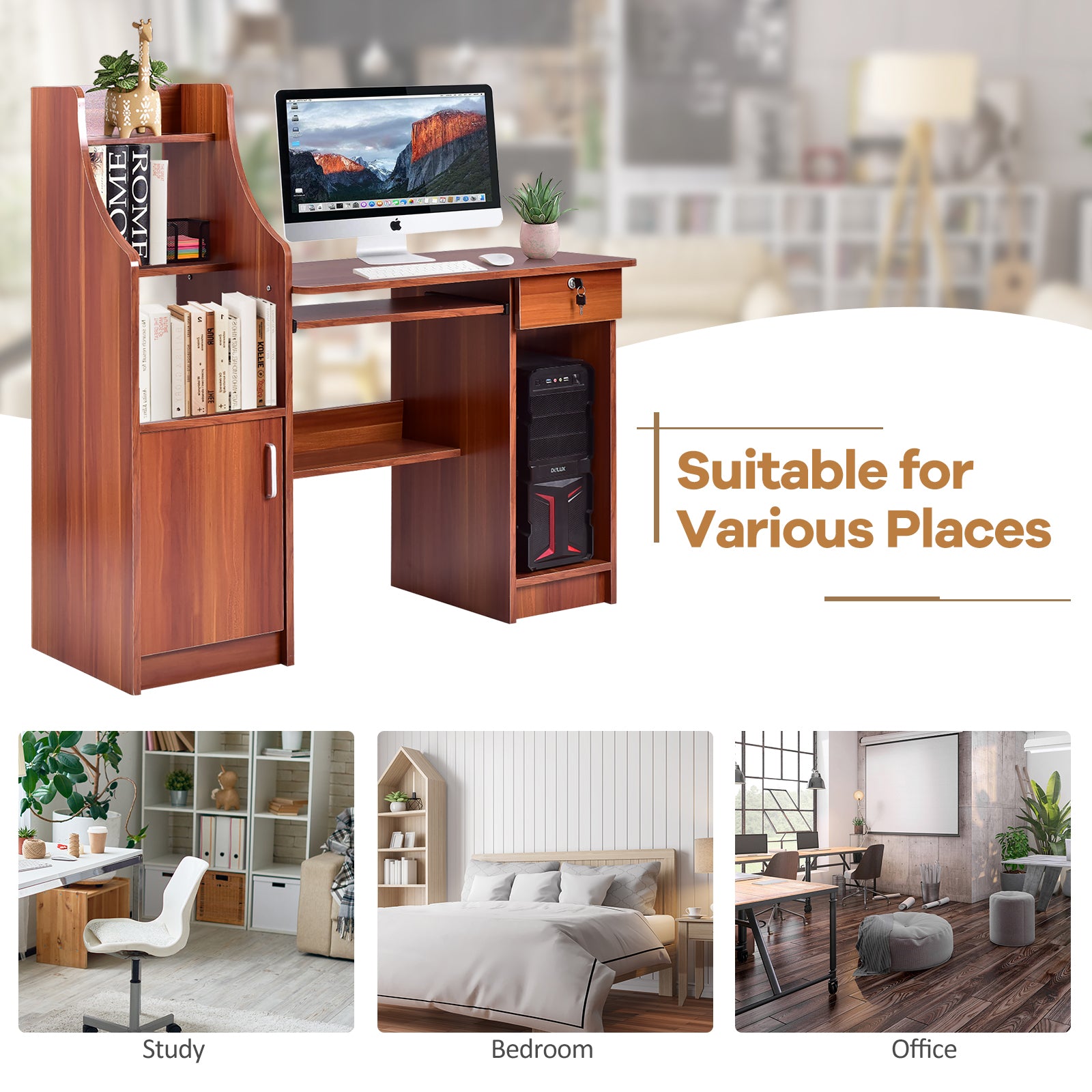 Wooden Computer Desk with Storage Cabinet and DrawerÂ