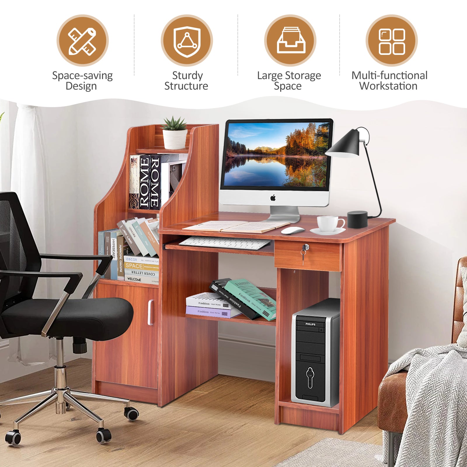 Wooden Computer Desk with Storage Cabinet and DrawerÂ