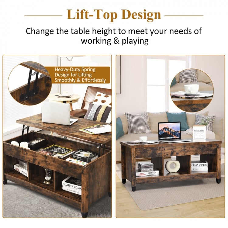 Lift Top Coffee Table Modern Center Table with Hidden Storage Compartment-Rusitc Brown