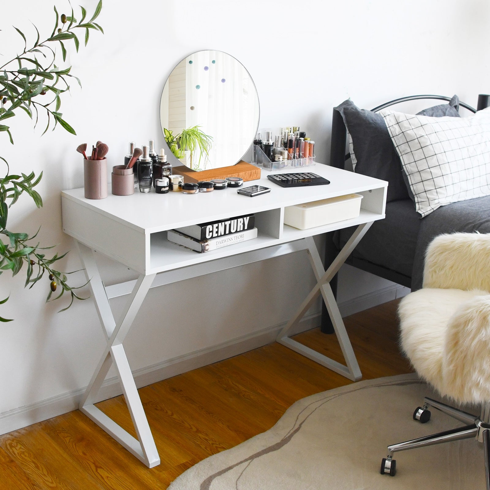 Modern Computer Desk Makeup Vanity Table with 2 Storage CompartmentsÂ
