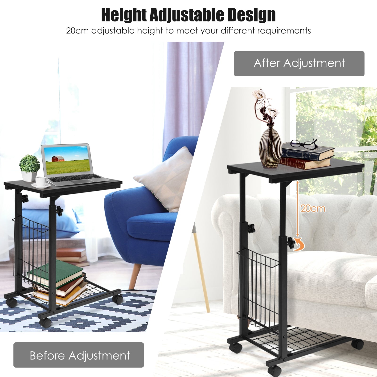 Rolling Height Adjustable Sofa End Side TableÂ