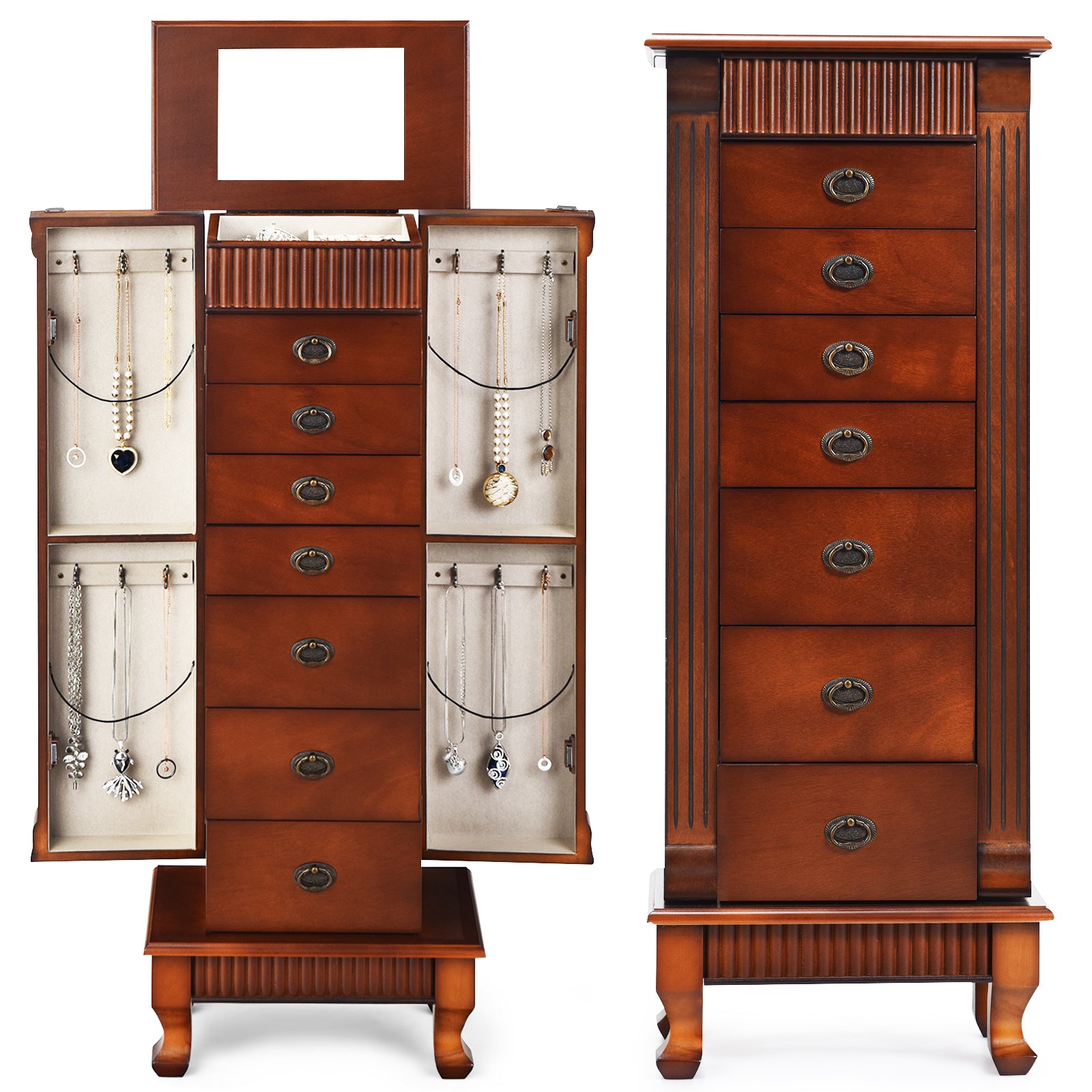 Wooden Jewelry Armoire Cabinet Storage Chest with Drawers and Swing DoorsÂ