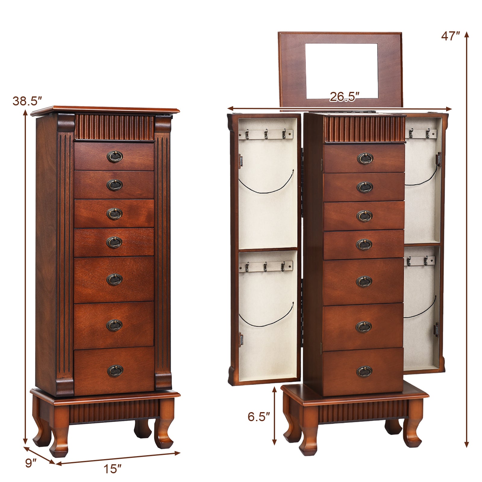 Wooden Jewelry Armoire Cabinet Storage Chest with Drawers and Swing DoorsÂ