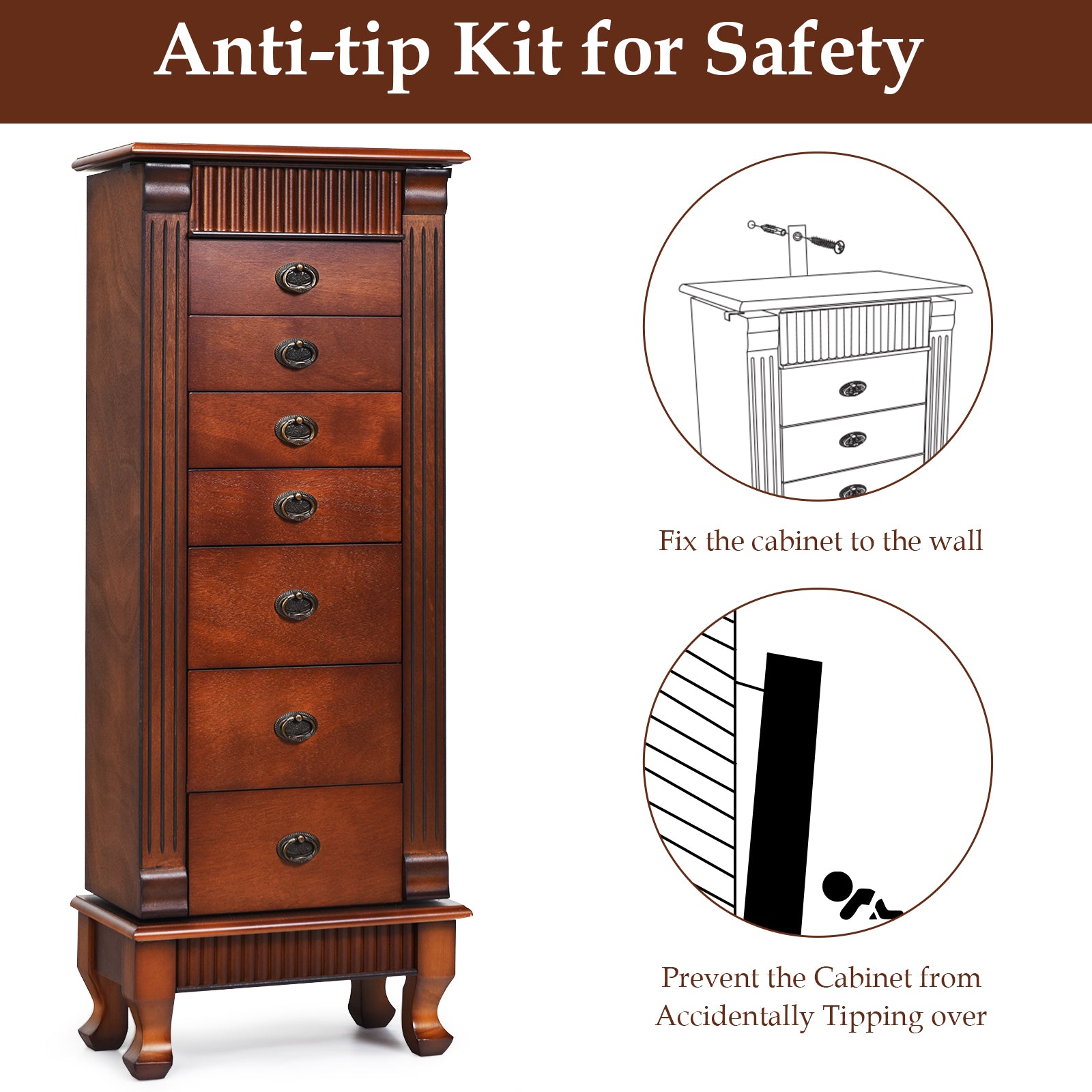 Wooden Jewelry Armoire Cabinet Storage Chest with Drawers and Swing DoorsÂ