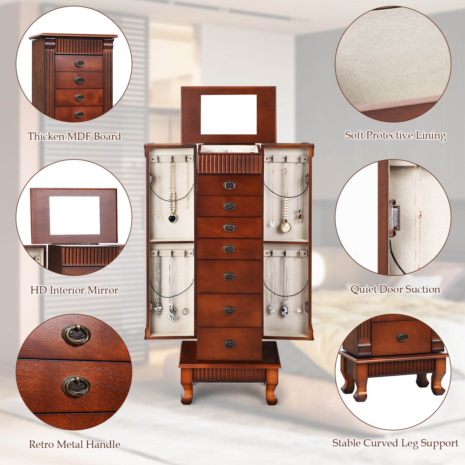 Wooden Jewelry Armoire Cabinet Storage Chest with Drawers and Swing DoorsÂ