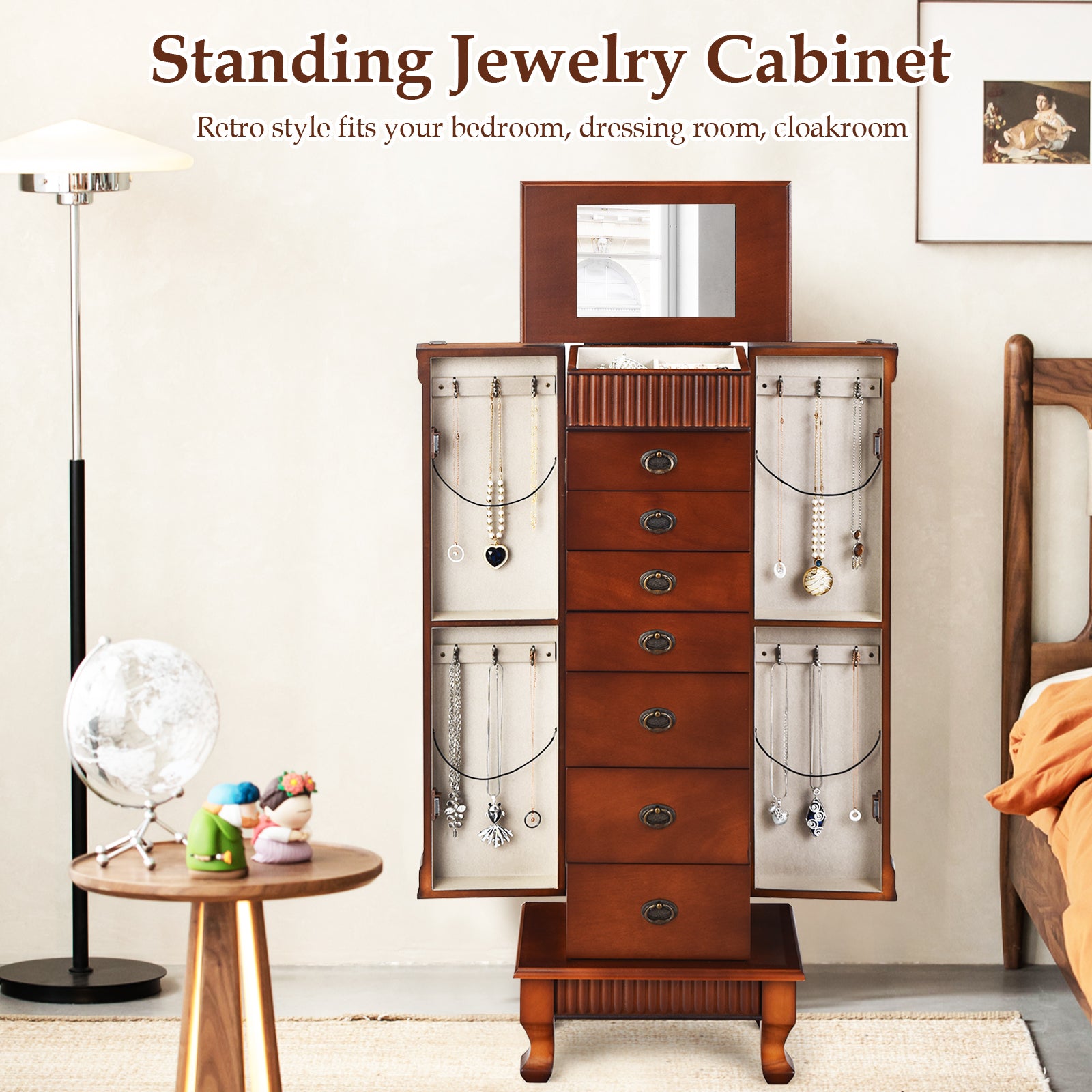 Wooden Jewelry Armoire Cabinet Storage Chest with Drawers and Swing DoorsÂ
