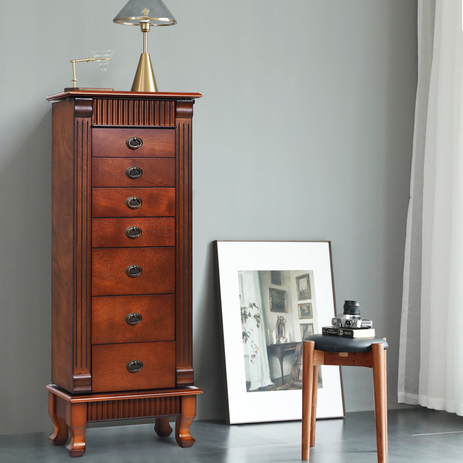 Wooden Jewelry Armoire Cabinet Storage Chest with Drawers and Swing DoorsÂ