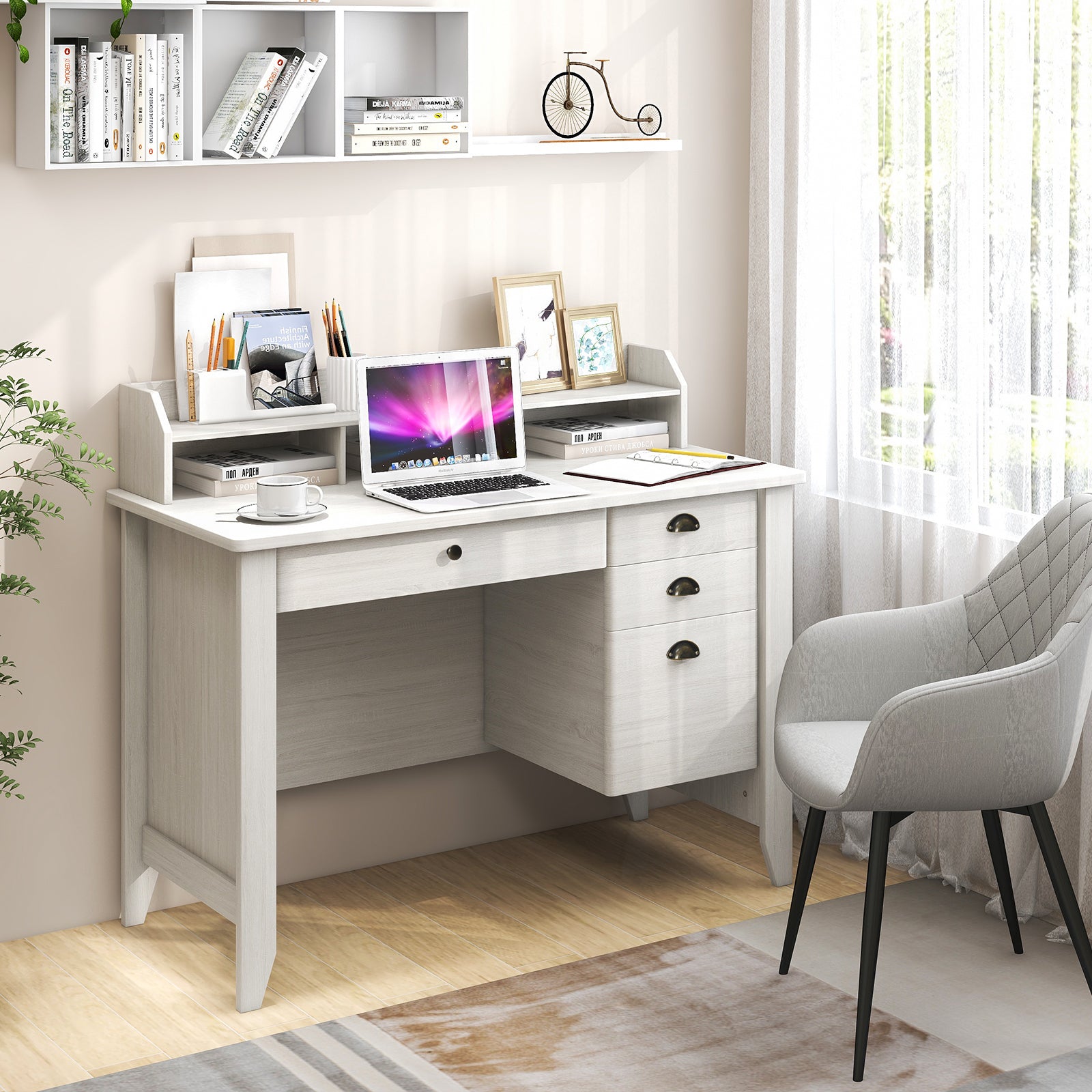 Vintage Computer Desk with Storage Shelves and 4 Drawers-White