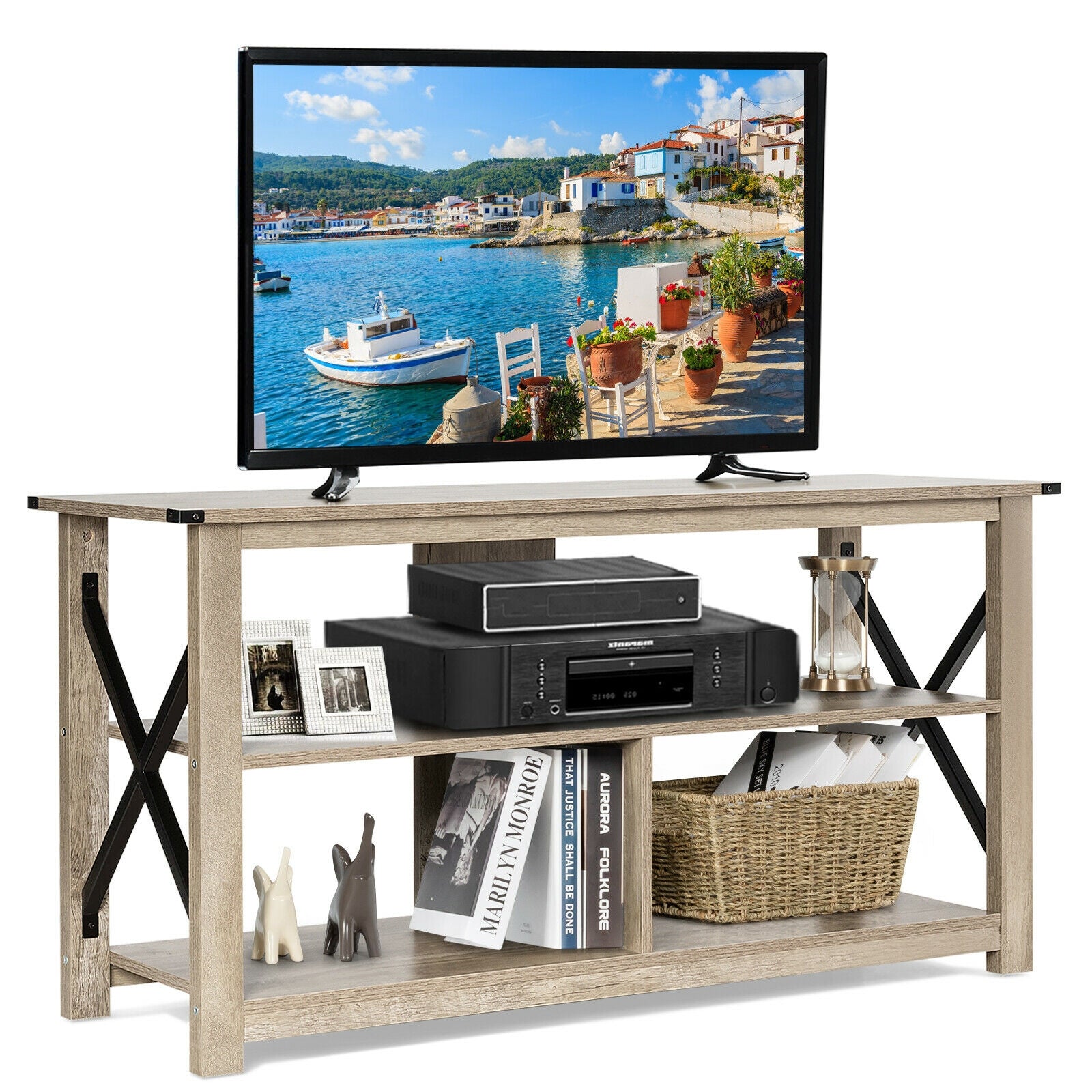 Modern Farmhouse TV Stand Entertainment Center for TV's up to 55-Inch with Open ShelvesÂ