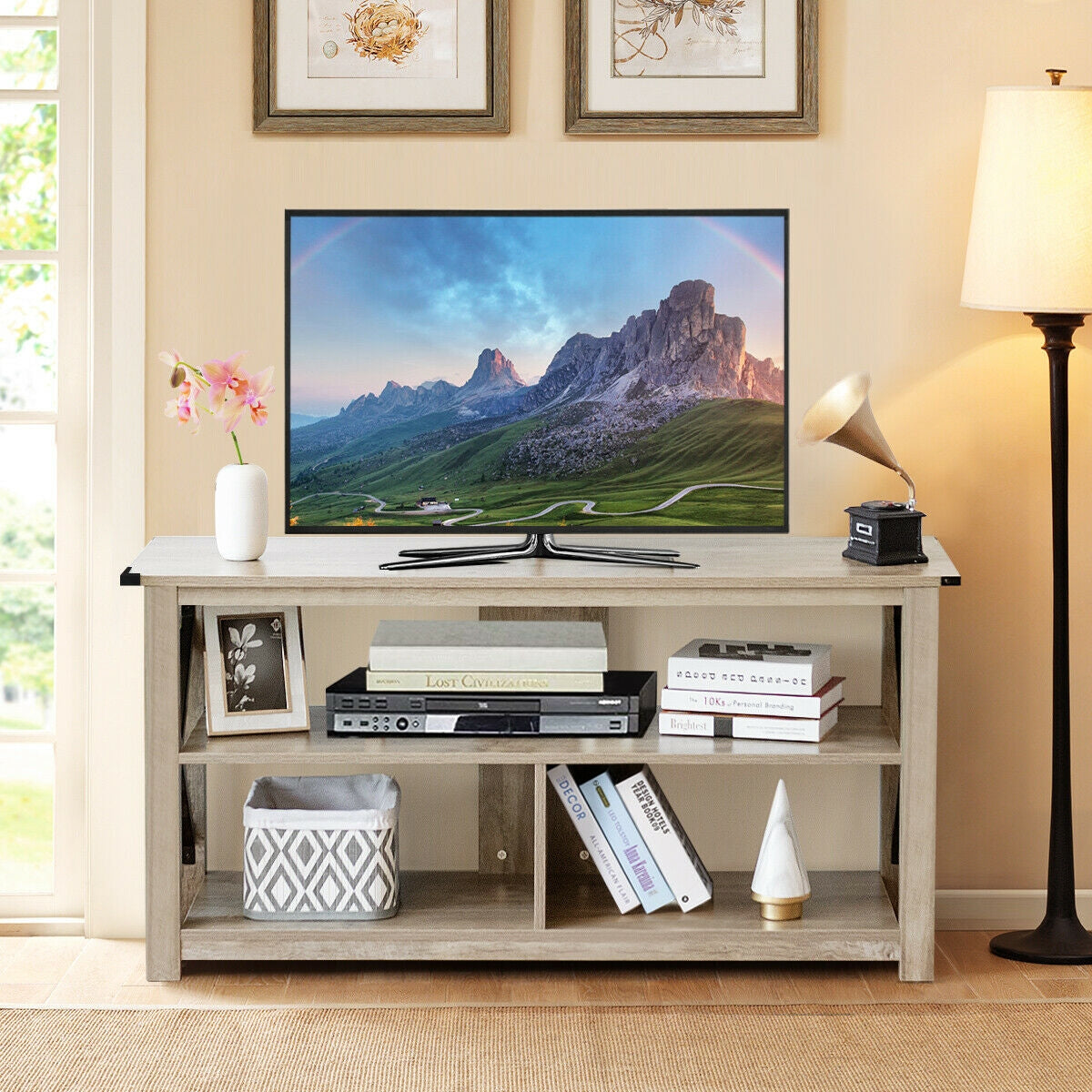 Modern Farmhouse TV Stand Entertainment Center for TV's up to 55-Inch with Open ShelvesÂ