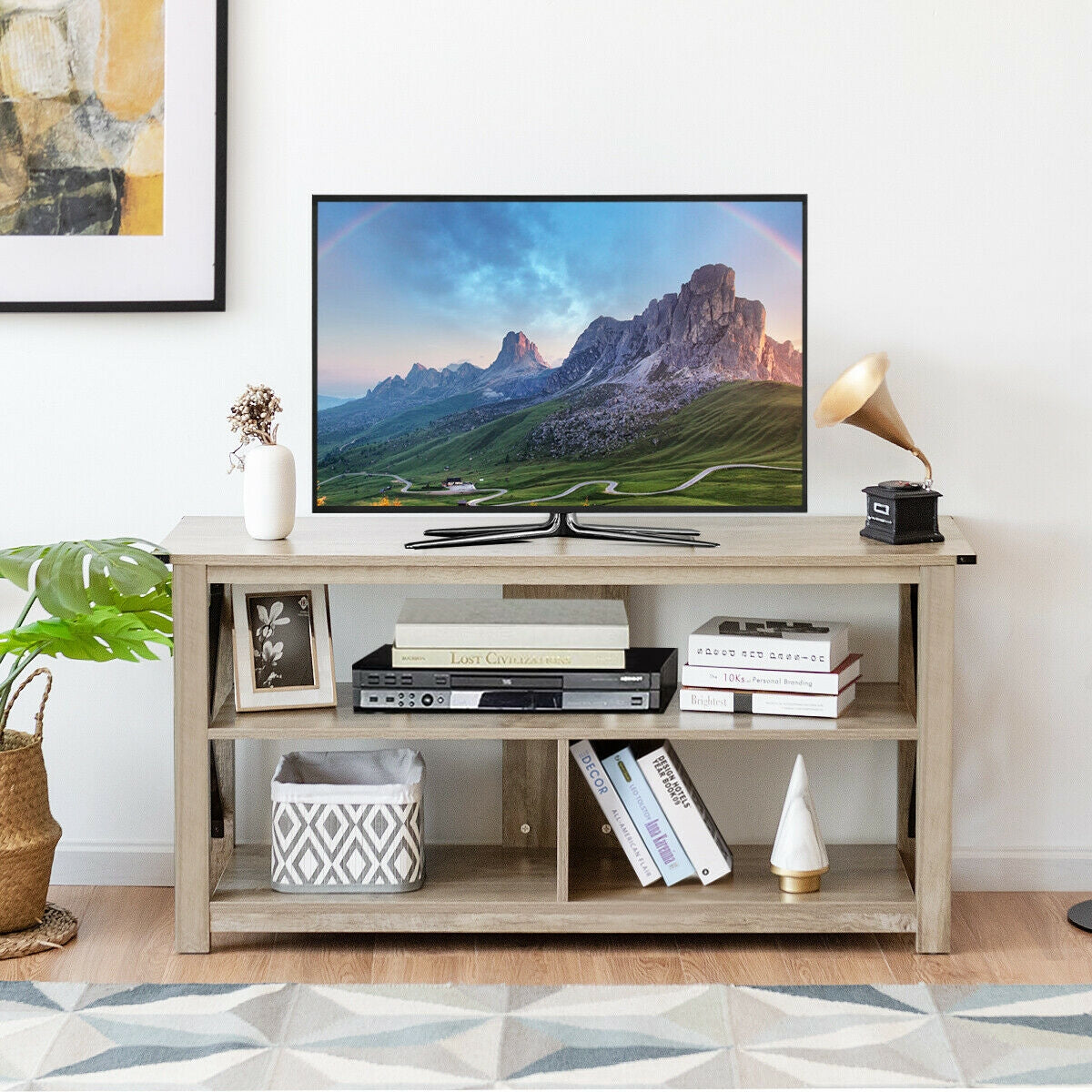 Modern Farmhouse TV Stand Entertainment Center for TV's up to 55-Inch with Open ShelvesÂ