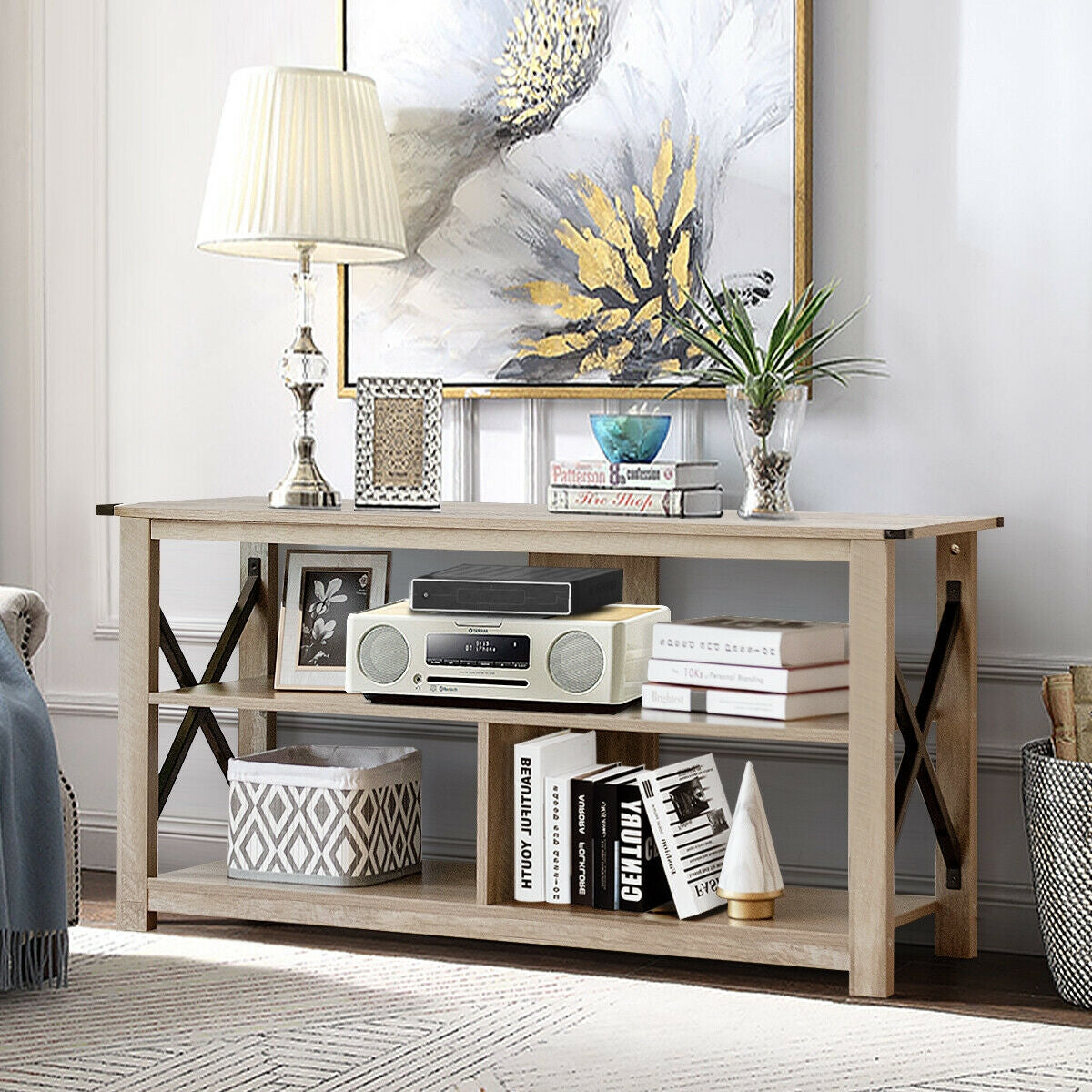 Modern Farmhouse TV Stand Entertainment Center for TV's up to 55-Inch with Open ShelvesÂ