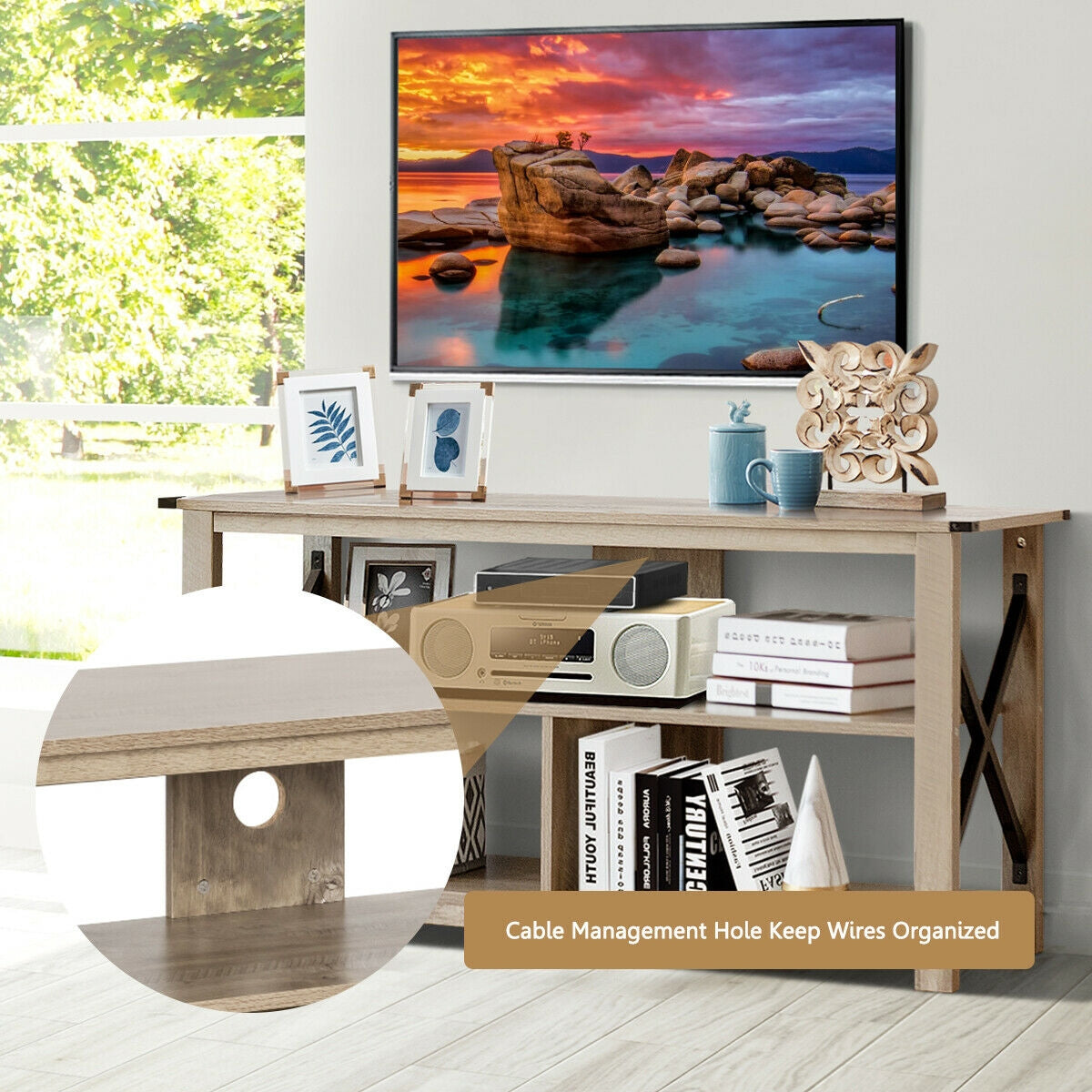 Modern Farmhouse TV Stand Entertainment Center for TV's up to 55-Inch with Open ShelvesÂ