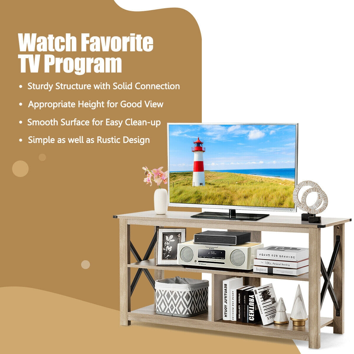 Modern Farmhouse TV Stand Entertainment Center for TV's up to 55-Inch with Open ShelvesÂ
