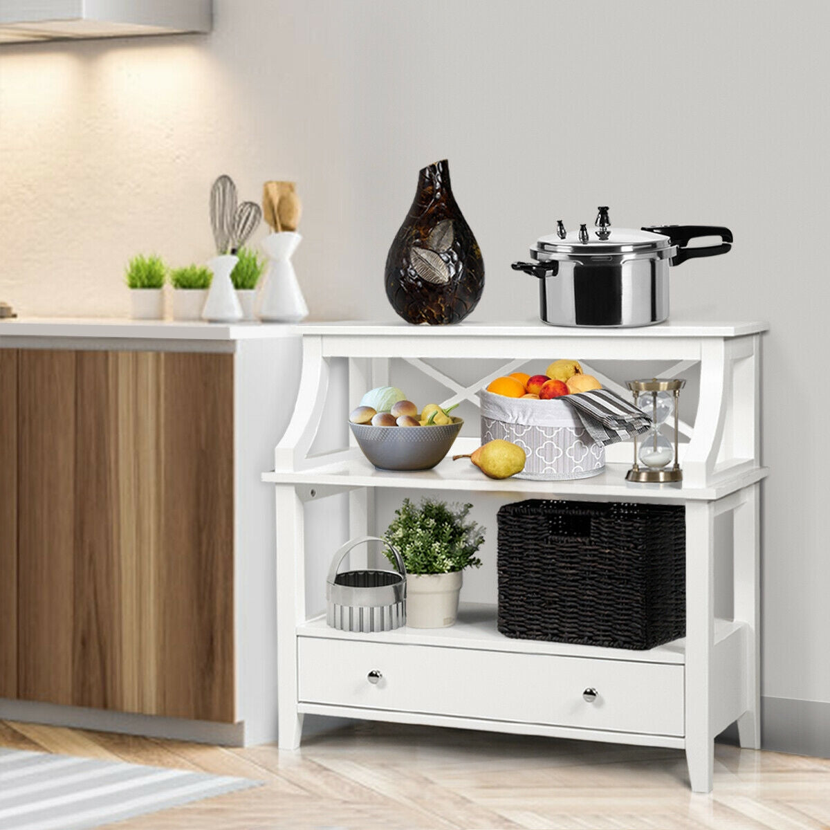 3-Tier Storage Rack End table Side Table with Slide Drawer -White