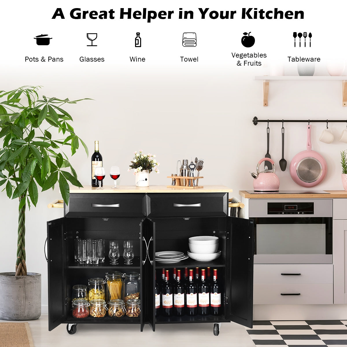 Wood Top Rolling Kitchen Trolley Island Cart Storage Cabinet-BlackÂ