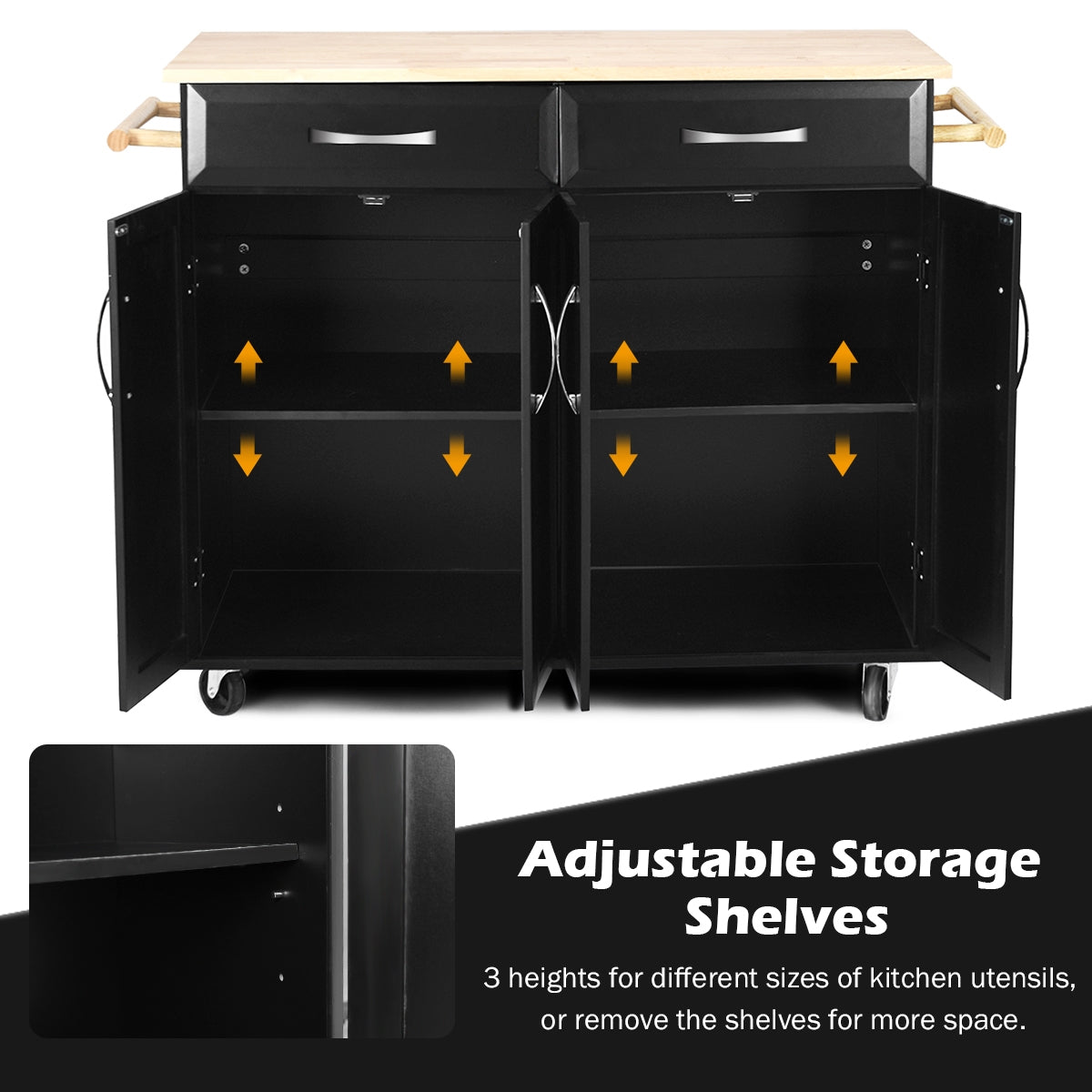 Wood Top Rolling Kitchen Trolley Island Cart Storage Cabinet-BlackÂ