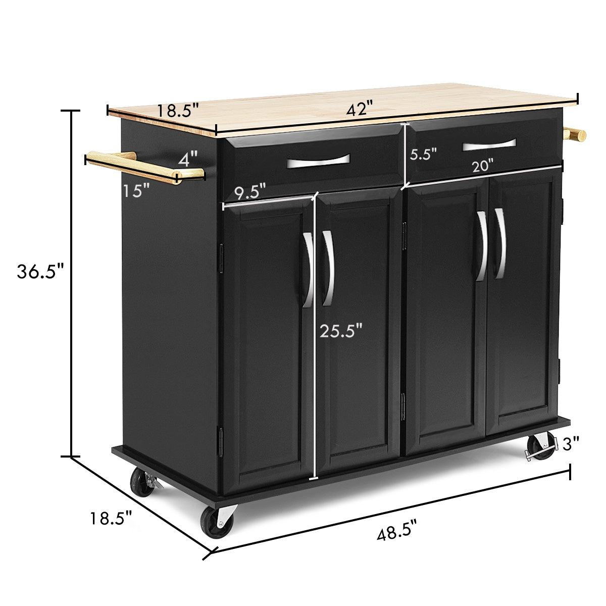 Wood Top Rolling Kitchen Trolley Island Cart Storage Cabinet-BlackÂ
