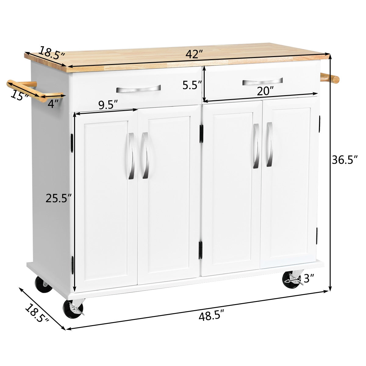 Wood Top Rolling Kitchen Trolley Island Cart Storage Cabinet-WhiteÂ