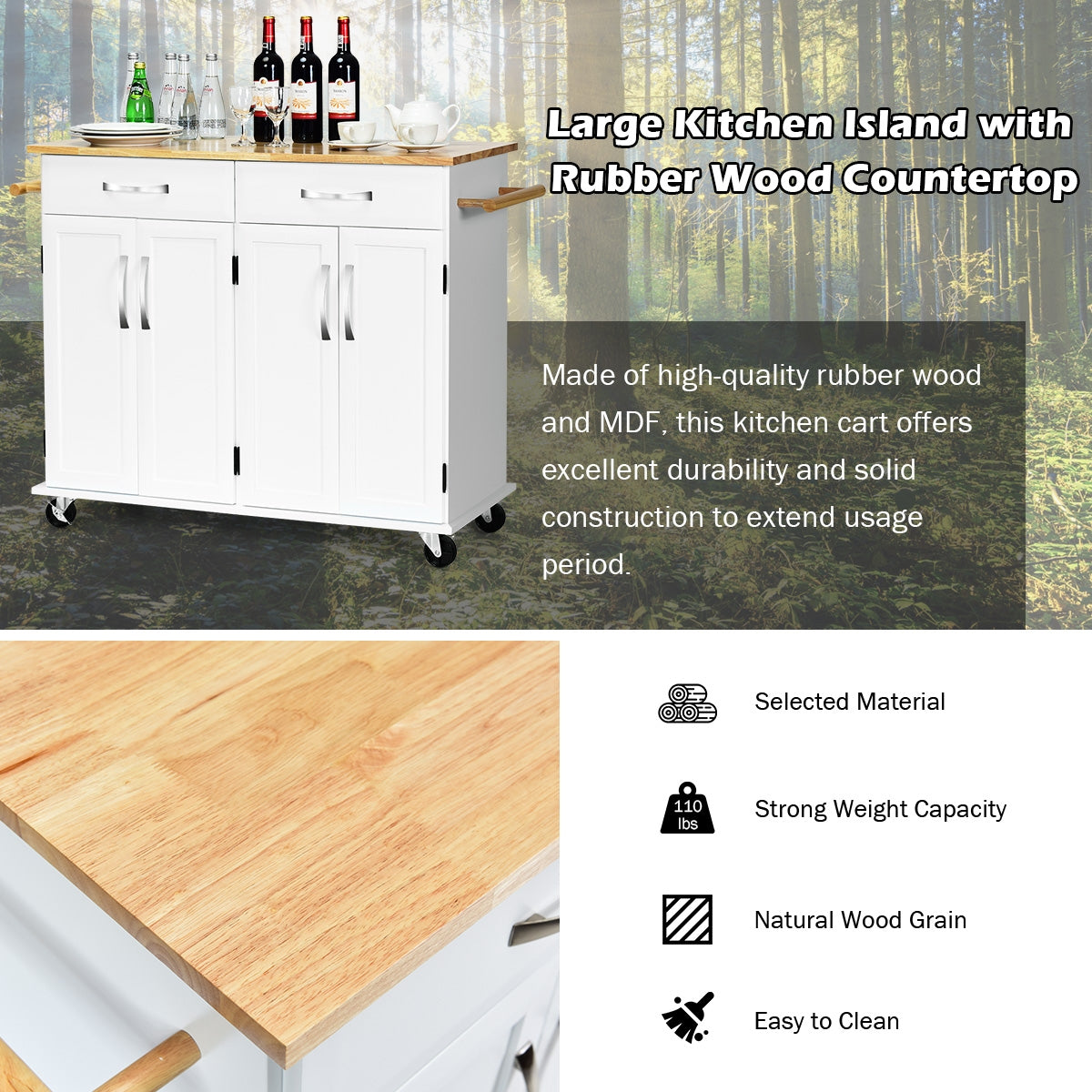 Wood Top Rolling Kitchen Trolley Island Cart Storage Cabinet-WhiteÂ