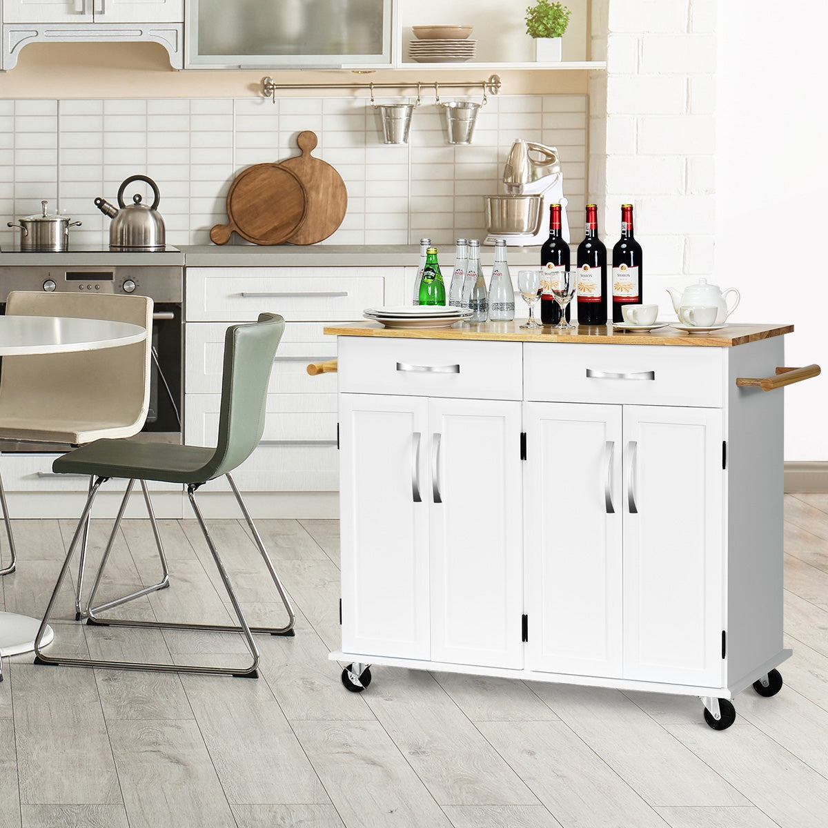 Wood Top Rolling Kitchen Trolley Island Cart Storage Cabinet-WhiteÂ