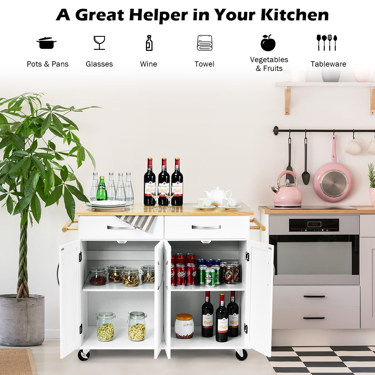 Wood Top Rolling Kitchen Trolley Island Cart Storage Cabinet-WhiteÂ